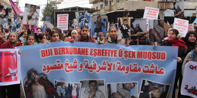 Gelê Dêrikê Êrîşên li ser Şexmeqsûd û Eşrefiyê bi meşeke girseyî şermezarkirin
