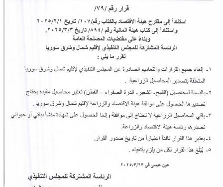 الإدارة الذاتية تُلغي جميع القرارات والتعاميم المتعلقة بتصدير المحاصيل الزراعية